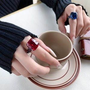 Fashion Jewelry Eco-friendly Copper Black Gold Plated Statement 14*16MM Red Zircon Imitation Color Gemstone Ice Cut <b>Ring</b> - Product Image 6