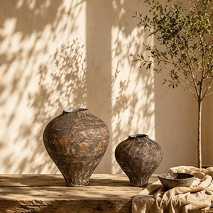 Set di Vasi in Ceramica Intagliati a Mano con Effetto Terra Screpolata Marrone, Decorazione Rustica Costiera per Tavolo in Legno - Product Image 3