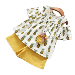 Conjunto de Verano para Niñas, Pantalones Cortos con Estampado de Piña, Ropa de Algodón y Lino, Estilo Hombros Descubiertos - Product Image 1