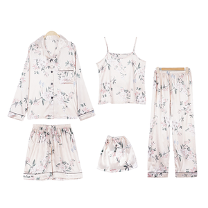 Women's 7-Piece Silk Satin Pyjama Sleepwear Set Floral Printing Cami PJs Shirt and <b>Eye</b> <b>Mask</b> with Elastic Waist Closure - Product Image 1