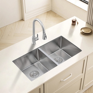 Handmade 304 Stainless Steel Double Bowl Kitchen <strong>Sink</strong> Undermount with Two Holes Rectangular Bottom and Shape <strong>Without</strong> Faucet - Product Image 3