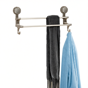 Porte-serviettes double en métal à fixation par ventouse, accessoire de salle de bain, finition brossée, design moderne - Product Image 1
