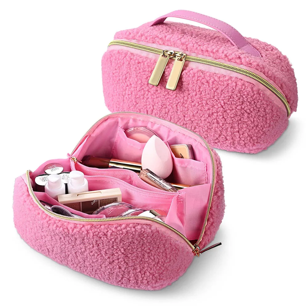 Plüsch Teddy Samt Make-Up-Tui Öffnungs-Fläche Reisen Toiletterei-Organisator Kosmetiktasche mit Griff und Teiler