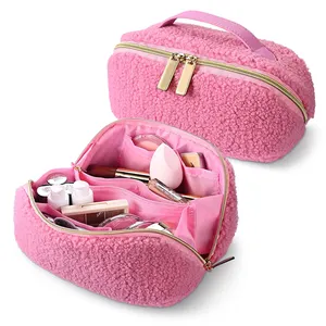 Plush Teddy Velvet Makeup Case Open Flat Travel Toiletry Organizer Cosmetic Bag With Handle and Divider