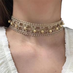 <span class=keywords><strong>Collar</strong></span> de tela con cuentas de flor hueca y hilo dorado bilateral para mujer, accesorios de cadena para clavícula estilo 2025 - Product Image 1