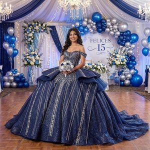 Rsm261094 Gorgeous Off Shoulder Crystal Corset Navy Blue Glitter <b>Ball</b> <b>Gown</b> Quinceanera Dress For Sweet 16 Jancember - Product Image 1