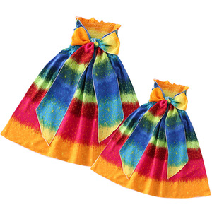 Vestidos de verano para padres e hijos con diseño de columpio bidireccional, top tipo tubo, cuello halter, tirantes, lazo, rayas/flores/puntos - Product Image 1