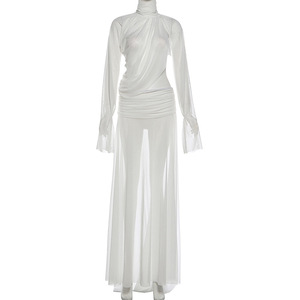 Completo Estivo da <span class=keywords><strong>Donna</strong></span> 2026: Blusa Sexy Bianca in Rete a Maniche Lunghe e Gonna Lunga - Set Due Pezzi - Product Image 4
