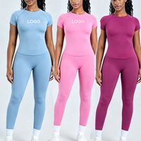 Ensemble de yoga et fitness sans couture pour femme, 2 pièces, T-shirt et leggings, tenue de sport anti-transpiration, effet push-up fessier DF