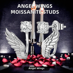 Boucles d'oreilles à clous en moissanite en forme d'ailes d'ange, en argent sterling 925, rondes et brillantes, hypoallergéniques, bijoux pour femmes, à porter en soirée - Product Image 2