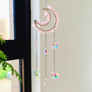 NUOVO Acchiappasole in Cristallo Naturale con Gemme Curative, Luna e <span class=keywords><strong>Stella</strong></span>, <span class=keywords><strong>Pietra</strong></span> <span class=keywords><strong>Rosa</strong></span> Lucidata, Cristallo Colorato a Forma di Diamante per Finestre di Casa - Product Image 2