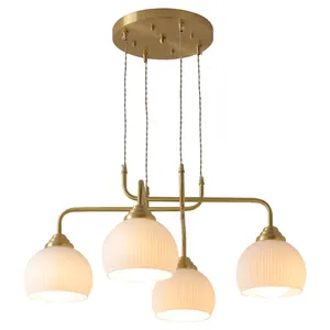 Lampe suspendue européenne en laiton pour salle à manger, lustre en cuivre plaqué, abat-jour en verre blanc moderne
