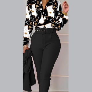 2025 Spring New Elegant Women's Mandarin Collar Button Floral Long Sleeve Shirt + Pants Casual Two Piece <b>Set</b> (No Coat) - Product Image 4