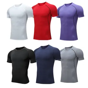 Hoge Elastische Mannen Fitness Korte Mouw Sport T-Shirt Sneldrogende Gym Kleding Ademend Training Strakke Effen Compressie T-Shirts