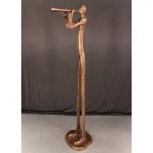 Antique silver trumpet playing musician sculpture, bronze extra large abstract musician