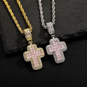 Frauen zarte rosa Baguette CZ Diamant Kreuz Anhänger Halskette HipHop Rapper Schmuck Micro Pave CZ Twist <span class=keywords><strong>Rope</strong></span> <span class=keywords><strong>Chain</strong></span> Halskette - Product Image 1