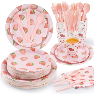 350Pcs Strawberry Disposable <b>Dinnerware</b> <b>Set</b> for 50 Guests Pink PET Plates Cups Napkins Cutlery Eco-Friendly for Birthday Party - Product Image 1