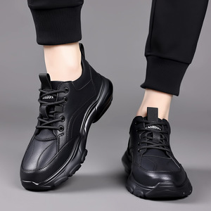 Chaussures en cuir décontractées pour hommes, automne, noires, semelle épaisse, lacets, baskets robustes, pour le loisir - Product Image 2