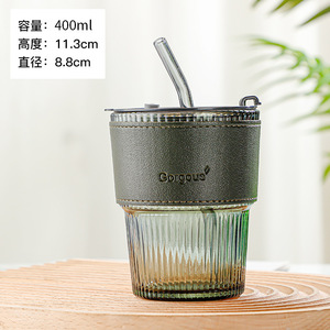 400ml tazza di vetro per <span class=keywords><strong>caffè</strong></span> in vetro manicotto in pelle cuscia tazza di vetro con coperchio e paglia di vetro bottiglia di acqua potabile - Product Image 4