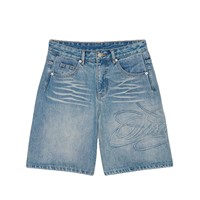 Shorts en jean vintage pour hommes, coupe droite, taille mi-haute, avec ourlet rétro orné de strass, en denim délavé, style urbain, pour l'été, de fabricant de vêtements sur mesure