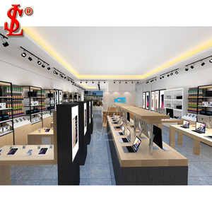 Vitrine moderne en bois et noir pour téléphones portables avec table d'expérience LED et unité murale pour magasin d'électronique, aménagement sur mesure - Product Image 3