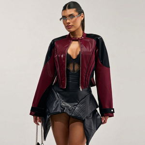 Chaqueta Bomber de Mujer en Cuero Sintético con Bloques de Color, Manga Larga, Cuello Alto, Cierre de Cremallera, Estilo Moto, Moda de Invierno - Product Image 1