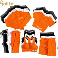 Yolife Setelan 5 Potong Pakaian Olahraga Wanita, Legging Kebugaran Yoga Crop Top Tinggi Set Pakaian Olahraga Tanpa Kelim untuk Wanita