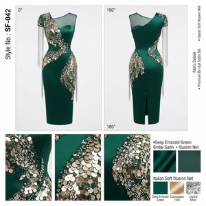 Deep Emerald Green Midi Sheath Dress for Women with Champagne <b>Sequin</b> Embellishment and Crystal Cluster Details for Elegant - Product Image 2