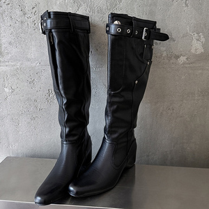Bottes longues pour femme, personnalisées, d'hiver, style western, à coupe ample et plissée, avec talons compensés hauts, boucles de ceinture sur le dessus et effet baggy - Product Image 4