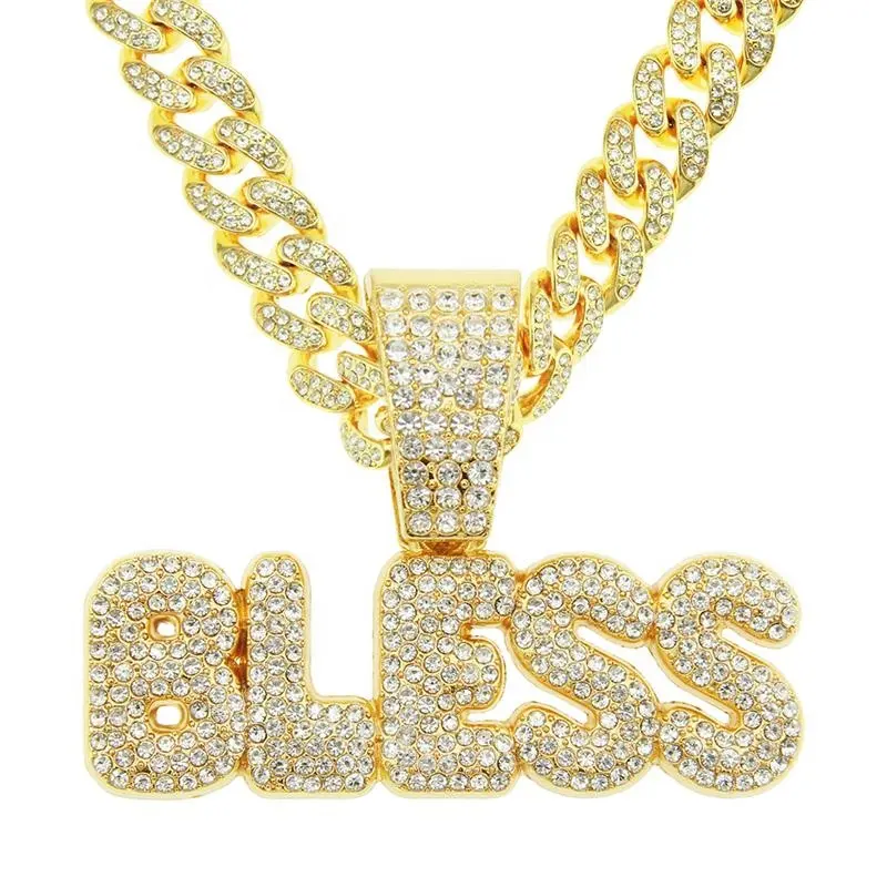Gold metal color 13mm big cuban chain with zinc alloy hip hop bling rhinestone BLESS letter pendant necklace