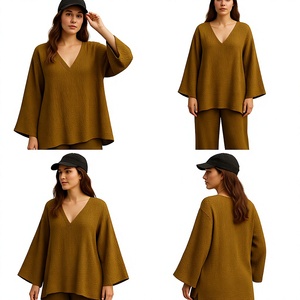Conjunto Coordinado Premium Moderno de Talla Grande con Cuello en V para Mujer, Top de Manga Ancha de Poliéster Suave, Sin Arrugas, de Secado Rápido, y Pantalones de Corte Regular Casual - Product Image 1