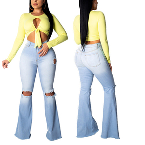 여자의 캐주얼 플레어 부츠 컷 청바지 숙녀 섹시 스트레치 스키니 데님 바지 활 장식 다목적 무릎 찢어진 디자인 - Product Image 3