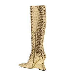 Gold Braided Strange Heels Shoes Women's Knee High Boots Fashion Pointed Toe Wedge Shaped Heel <b>Long</b> Booties Wide Fit Top - Product Image 3