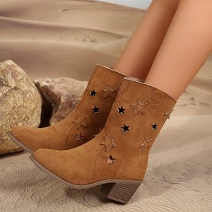 Bottines à talon épais pour femme, style western <span class=keywords><strong>cowboy</strong></span>, avec découpes étoilées et ajourées, courtes, <span class=keywords><strong>beige</strong></span> marron - Product Image 5