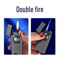 Briquet à silex gonflable en métal rechargeable, double flamme, jet bleu, flamme ouverte jaune, pour cigarettes et cigares