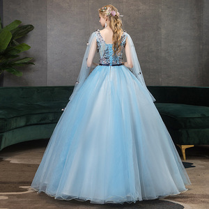 Evening Gown Ball Gown <b>Light</b> Blue Chiffon V <b>Neck</b> Empire Waist Floral Print Long Dress For Women Performance Stage Wear - Product Image 4