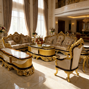 Set di Divani in Stile Reale Europeo, Arredamento per Soggiorno con Cornice Dorata Intagliata, Grande Set di Divani per Salotto - Product Image 2
