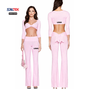 Set Yoga Sexy Rosa con Fiocco sul Retro, Top Corto a Maniche Lunghe a Costine e <span class=keywords><strong>Pantaloni</strong></span> a Zampa, Completo 2 Pezzi da Donna per Allenamento e Tempo Libero - Product Image 3