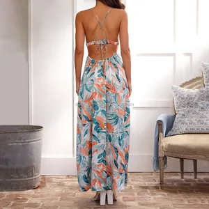 Women's Sexy Loose V Neck Sleeveless Backless Spaghetti Strap Floral High Waist Beach Vacation Maxi Dress