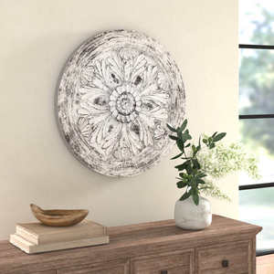 Médaillon mural en bois massif sculpté à la main, motif floral, style Art déco, blanc délavé, décoration murale moderne pour salon et chambre à coucher - Product Image 4
