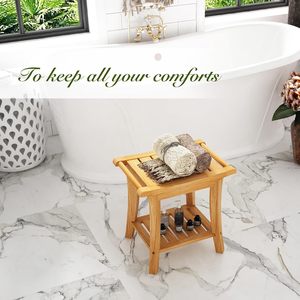 Yipinshun Bamboo Shower Stool With <b>Storage</b> Rack Solid Wood Bathroom Seat For <b>Bath</b> And Garden Use - Product Image 4