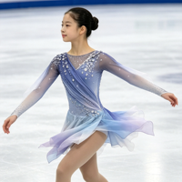 Robe de patinage artistique bleu-violet dégradé, manches longues en maille, dos en V profond, ornée de strass, pour femmes et filles, compétition, spectacle sur glace
