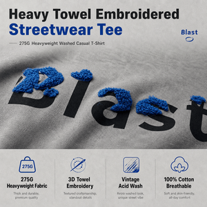 275G Heavyweight Cotton T-Shirt Men 3D Towel Embroidery Vintage Acid Wash Oversized Streetwear Short Sleeve Tee Custom OEM - Product Image 5