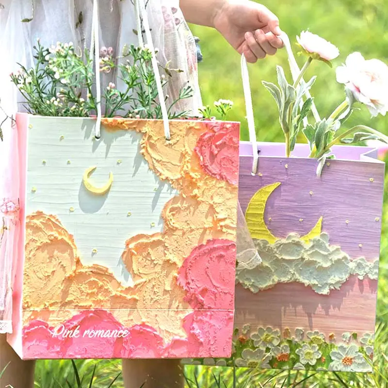 Özel baskılı kağıt alışveriş çantası şerit kolu ile yağlıboya çiçekler çim bulutlar hediye kağıt torbalar