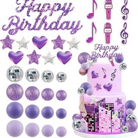 Décorations de gâteau d'anniversaire musical violettes : ensemble de décorations de gâteau Joyeux Anniversaire avec boule disco, microphone, note, étoile, cœur – Fournitures de fête