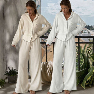 New Arrival <b>Womens</b> Comfortable Double Layer Winter Spring <b>Summer</b> Autumn Solid Color Sleepwear Set Front Logo Wrinkled - Product Image 1