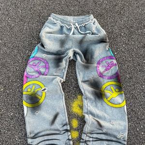 Pantalon de survêtement large pour homme en coton épais, style vintage délavé, taille élastique, effet soleil, coupe ample, impression sérigraphiée - Product Image 1