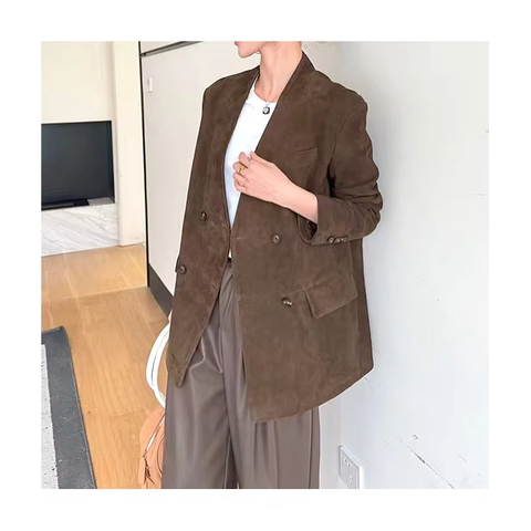 High Quality Popular Single Breasted Brown Casual Women Suede Leather Long Coat for Ladies