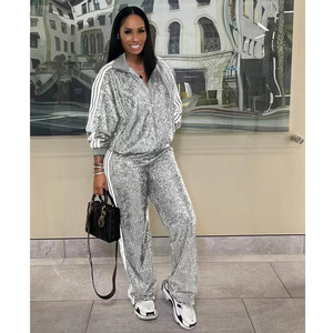 Chándales modestos de alta calidad con cremallera para <span class=keywords><strong>mujer</strong></span>, conjunto de dos piezas de plata con lentejuelas, conjunto de joggers acampanados informales para <span class=keywords><strong>mujer</strong></span>, conjunto de talla grande para <span class=keywords><strong>mujer</strong></span> - Product Image 3