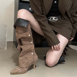 Willow Nail Buckle Stitching Two-wear High Heel Denim Pleated Pile Boots Female Personality Hot Girl Fashion Boots - Product Image 3